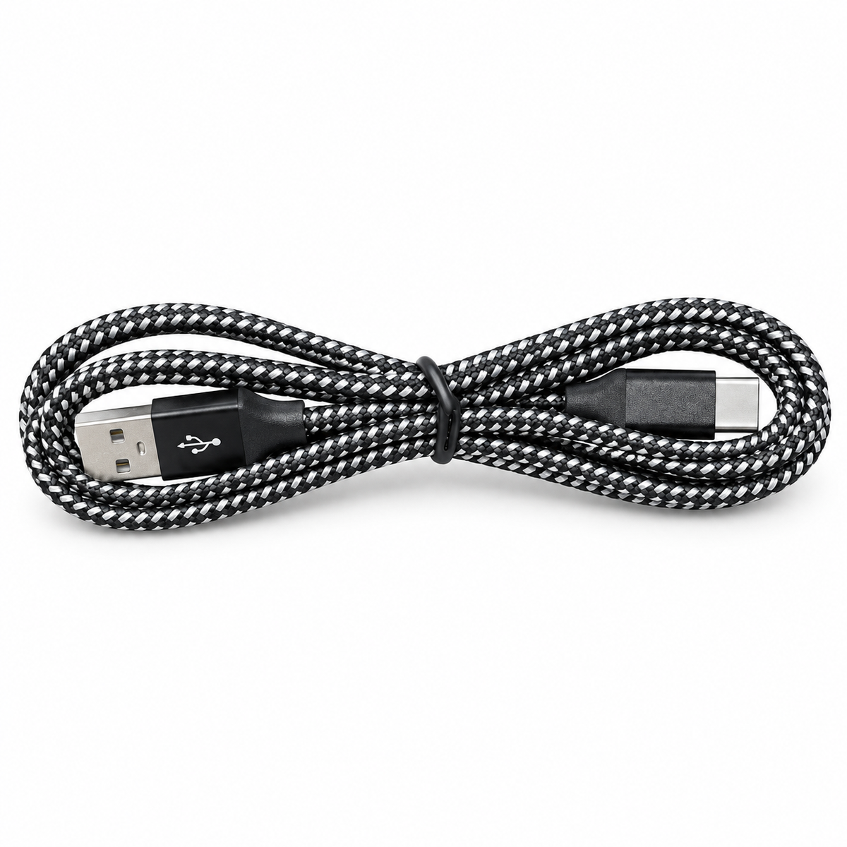 1-meter black and white braided USB-A to USB-C charging cable