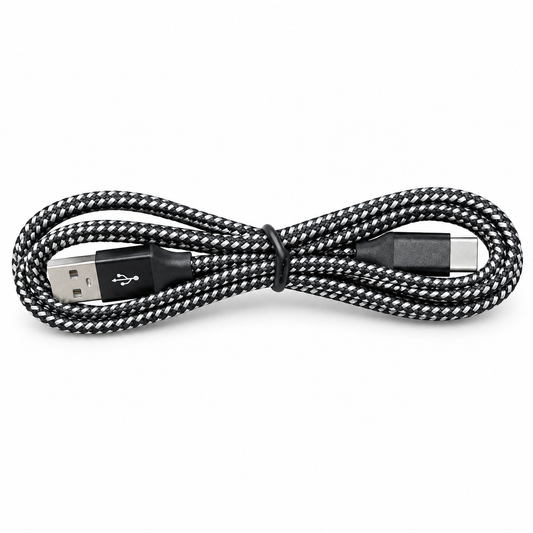 1-meter black and white braided USB-A to USB-C charging cable